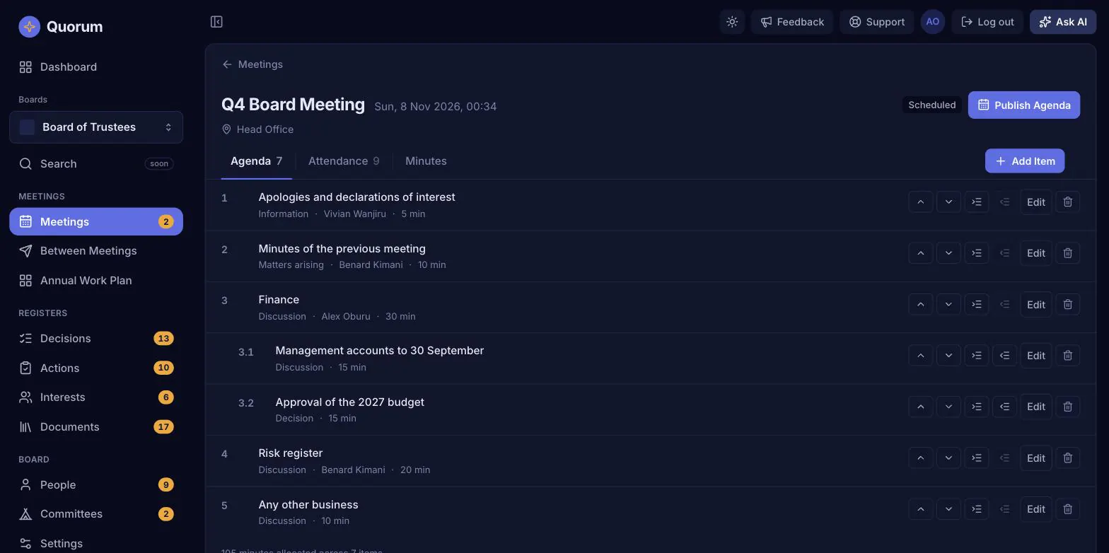 The agenda builder for the Q4 Board Meeting