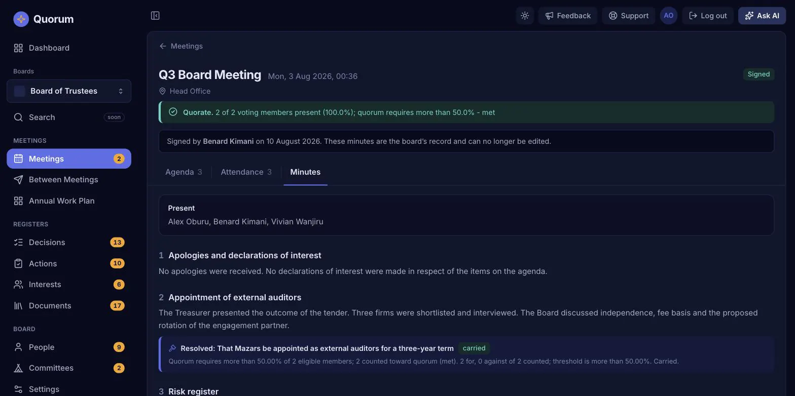 The signed minutes of the Q3 Board Meeting